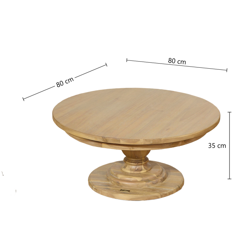 Mesa de centro redonda TODD - Estilo chalé, base central em madeira maciça, 80 cm