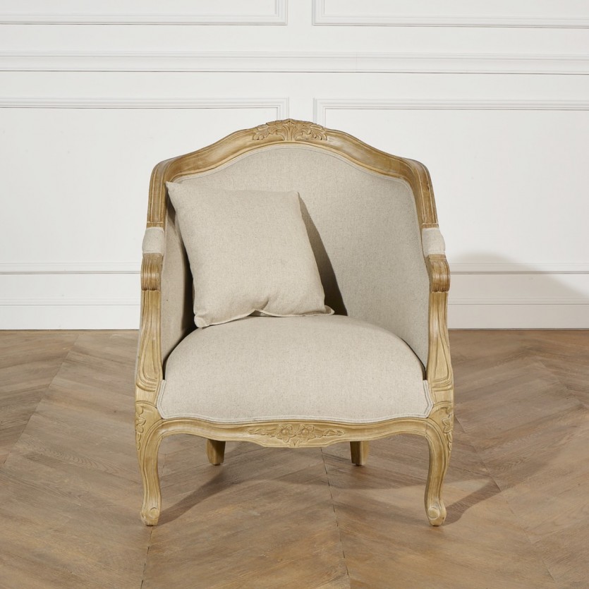 Fauteuil bergère en bois et lin naturel