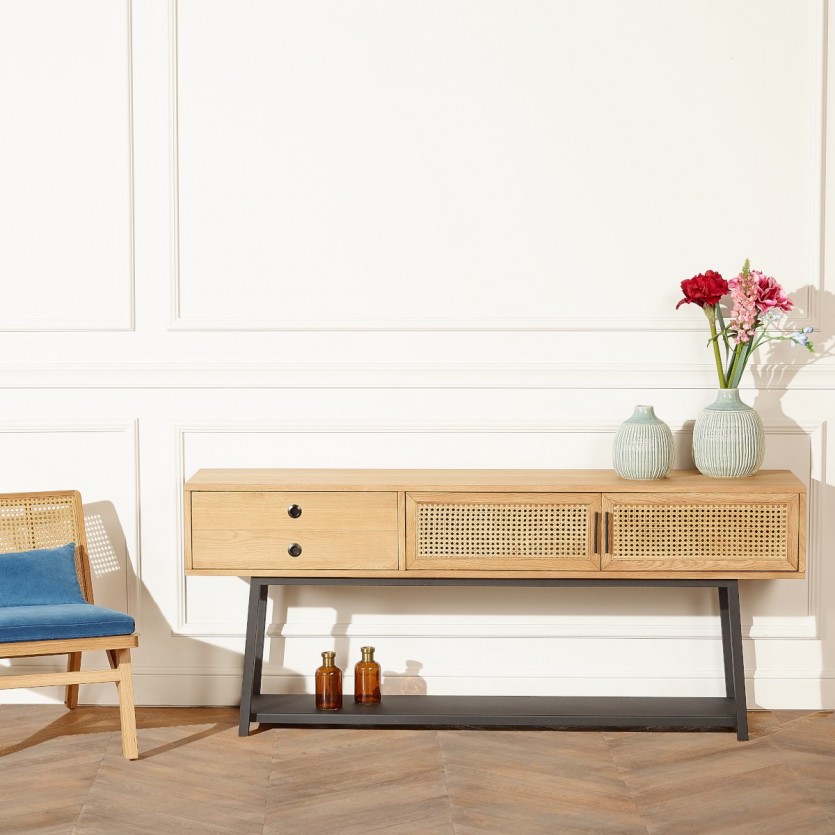 Grande Console Lalala Chêne et cannage, 160 cm
