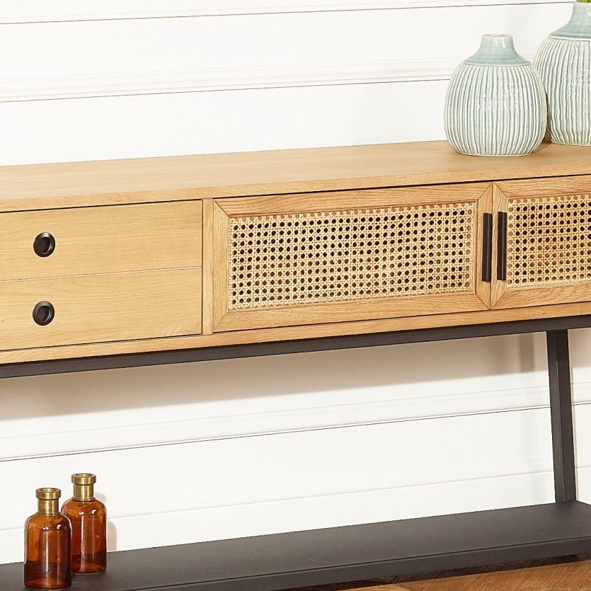 Grande Console Lalala Chêne et cannage, 160 cm