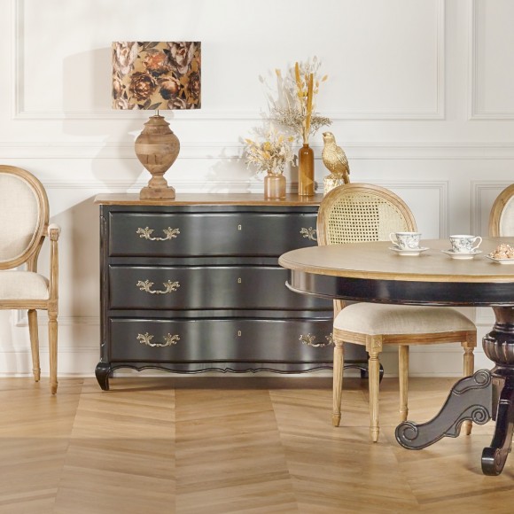SERRENA - Zwarte shabby chic commode van eikenhout, 3 lades