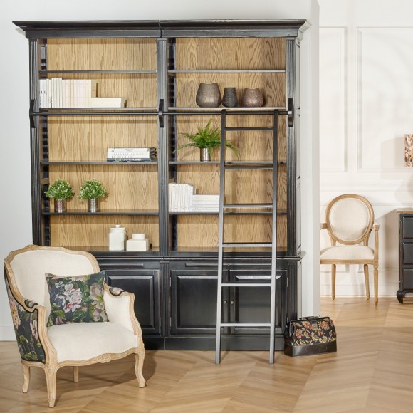 FRANCOIS - Biblioteca estilo romântico para sala com escada deslizante, 4 portas e 8 prateleiras