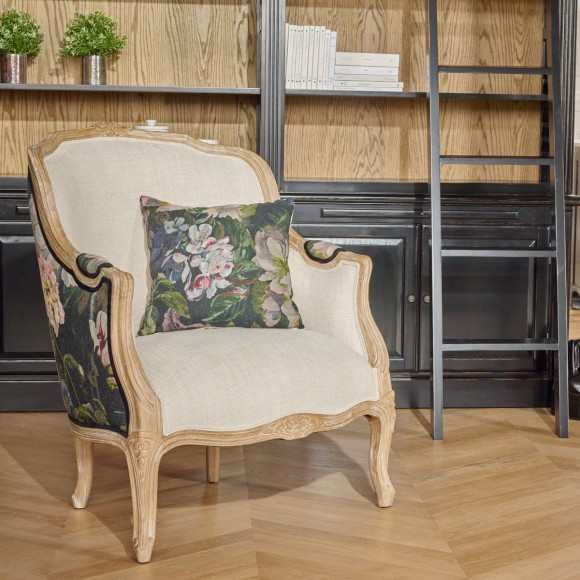 Victor Graphite Bergère Armchair - Regency style, printed linen and premium linen, solid wood, 1 seat