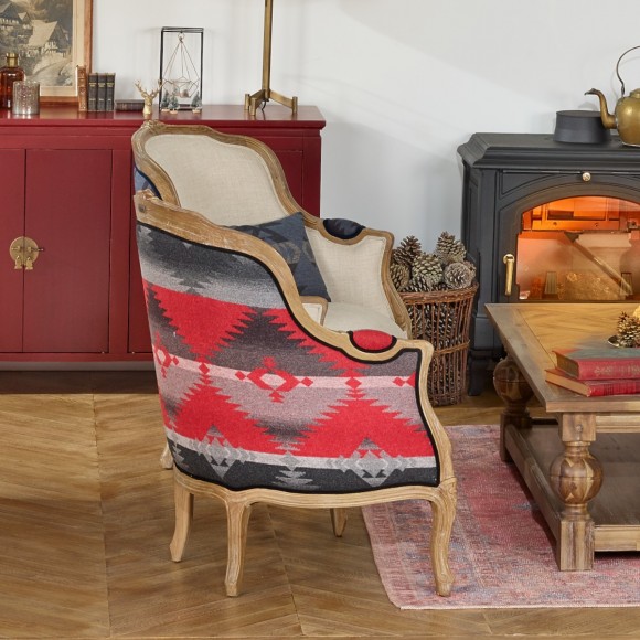 Bergère-Sessel VICTOR NAVAJO - Chalet-Stil aus bedruckter Wolle, natürlichem Leinen und Massivholz, 1 Platz