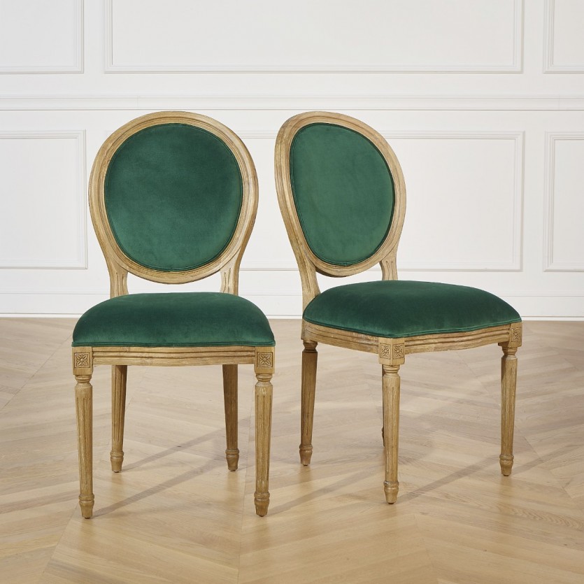 Chaises Médaillon, chêne et velours vert, lot de 2