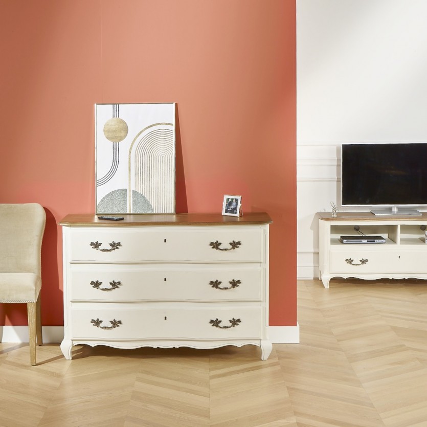 Commode plateau chêne, 3 tiroirs, SERRENA blanche