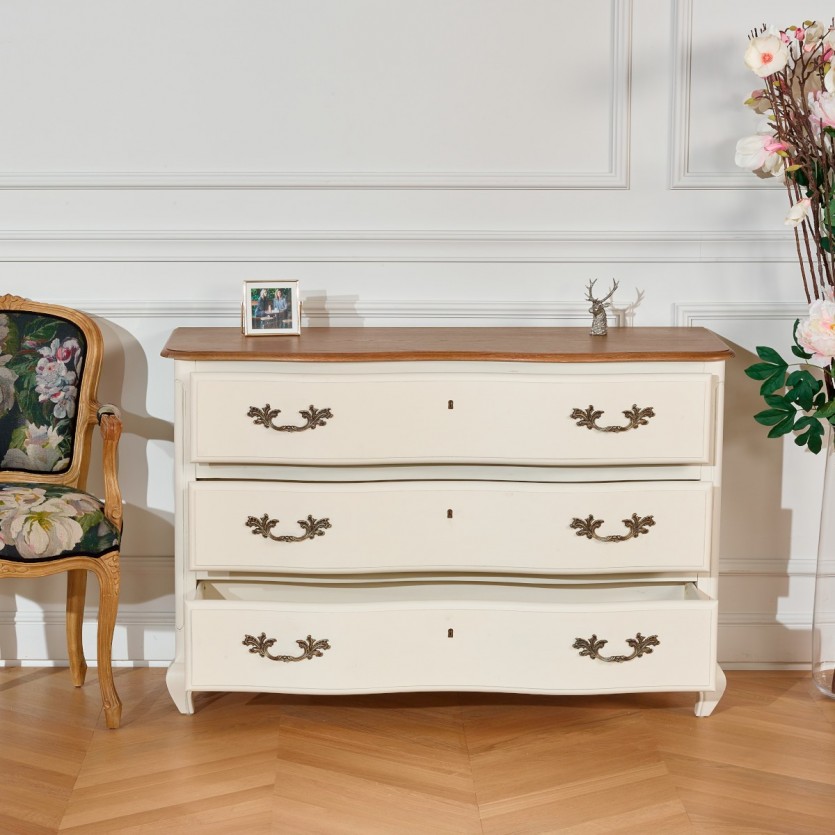 Commode plateau chêne, 3 tiroirs, SERRENA blanche