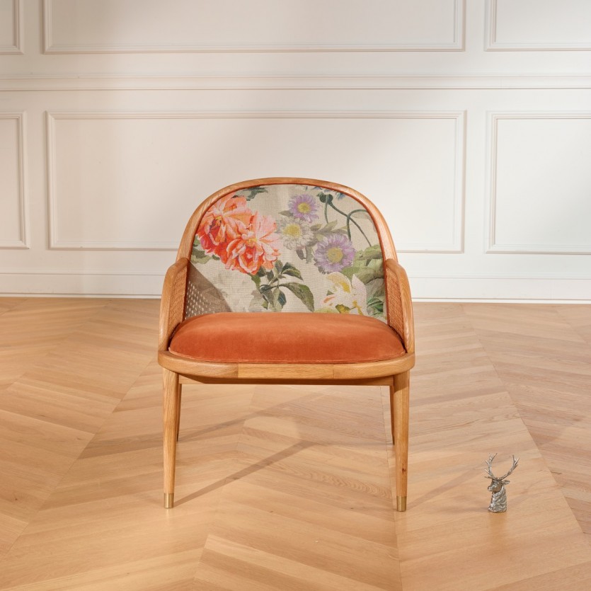 Fauteuil en cannage et velours, MARCEL TUBEROSE