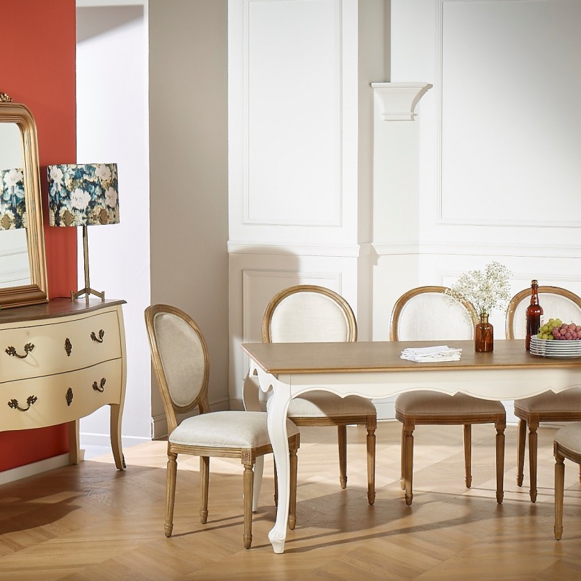 Table de repas shabby chic blanche plateau chêne robin des bois
