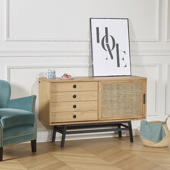 LALALA - Buffet en chêne et métal, 1 porte, 2 tiroirs, 121 cm