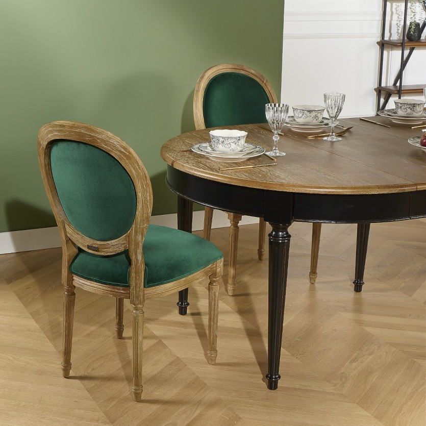 Chaises Médaillon, chêne et velours vert, lot de 2
