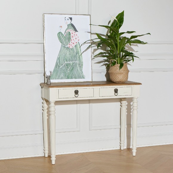 Console d'entrée ANGLOIS - Style shabby chic, plateau en chêne, patine blanche ou noire