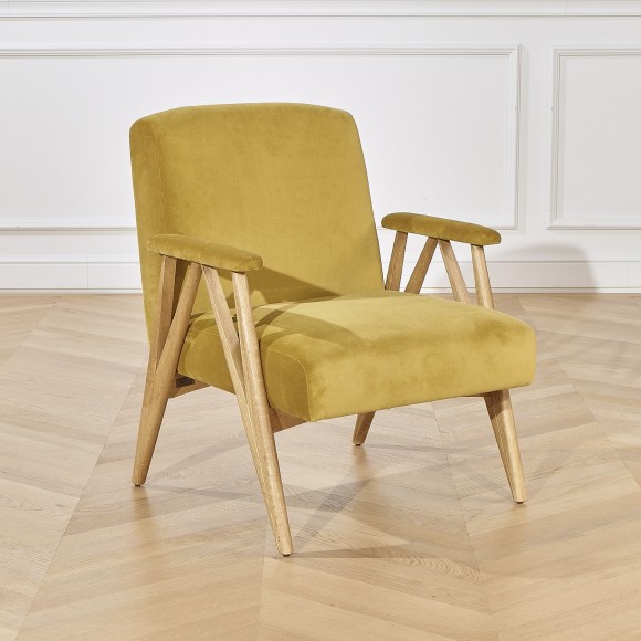 Sillón WILLY - Estilo escandinavo de madera y terciopelo, 1 plaza