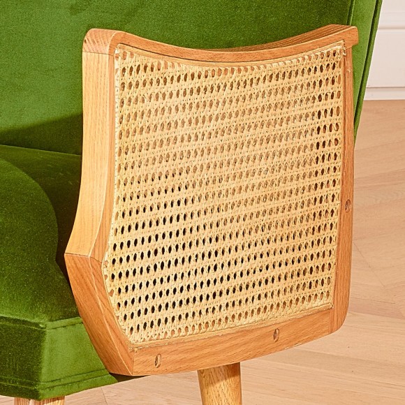 Fauteuil CUBA - Style scandinave en cannage et velours vert vintage, 1 place