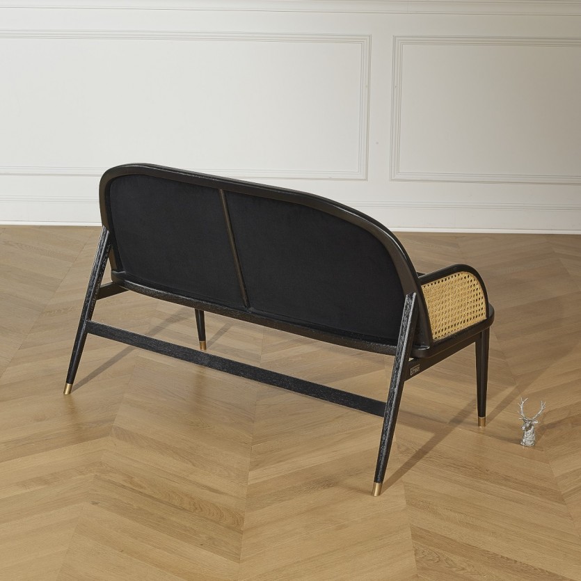 Banquette MARCEL GRAPHITE, chêne, cannage, velours et lin