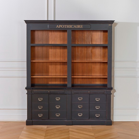 GUSTAVE - Bibliothèque ouverte style classique en bois, 4 portes, 8 tablettes, 2 tirettes