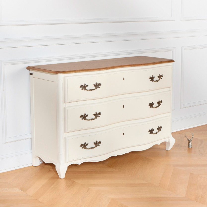 Commode plateau chêne, 3 tiroirs, SERRENA blanche