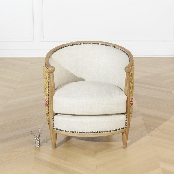 Fauteuil tonneau CAROLE ART DECO - Style shabby chic en chêne, lin coton et tissu moutarde, 1 place