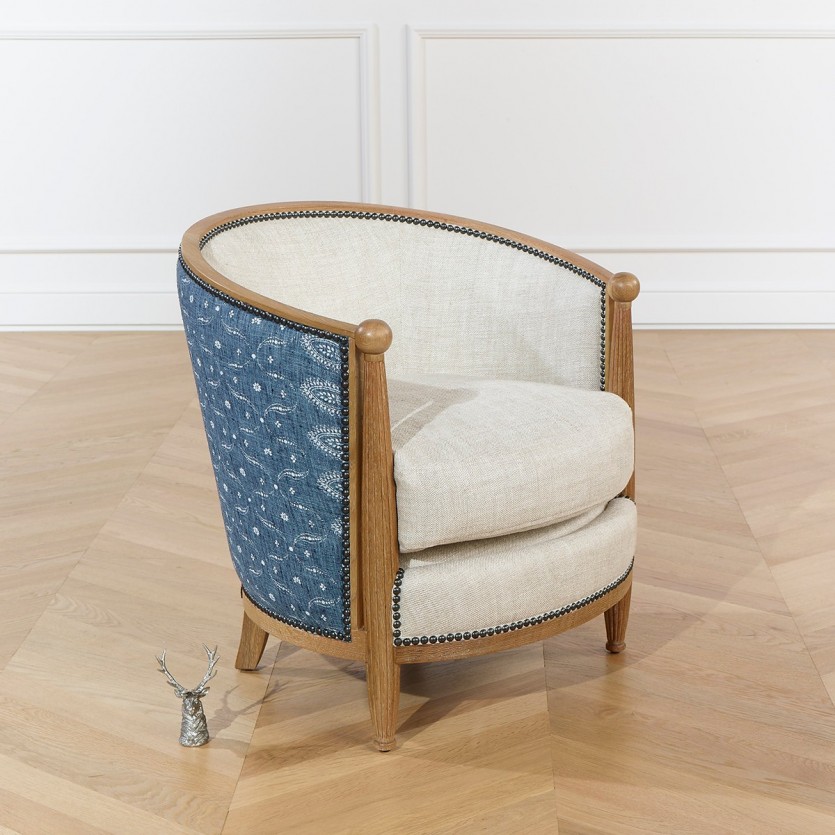 CAROLE MANDALAY - Fauteuil art déco en chêne, lin et tissu denim