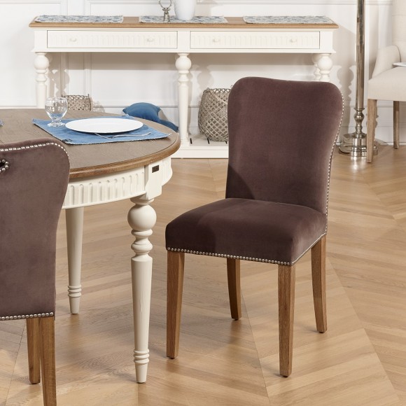 HUNTER - Lot de 2 chaises style shabby chic en chêne massif et velours clouté