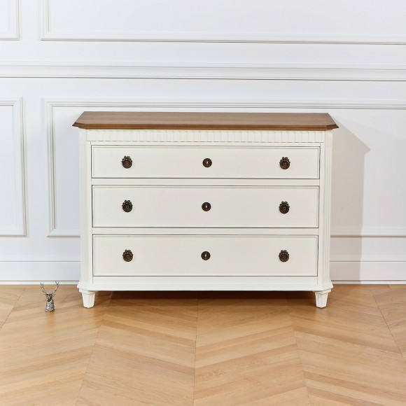 HORACE - Shabby Chic Kommode, Eichenplatte, 3 Schubladen, Weiß