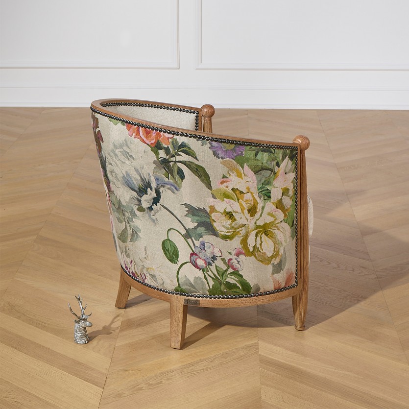 Fauteuil tonneau CAROLE COUNTRY – Style romantique en bois massif, lin premium et tissu fleuri, 1 place