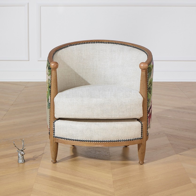 Fauteuil tonneau CAROLE COUNTRY – Style romantique en bois massif, lin premium et tissu fleuri, 1 place
