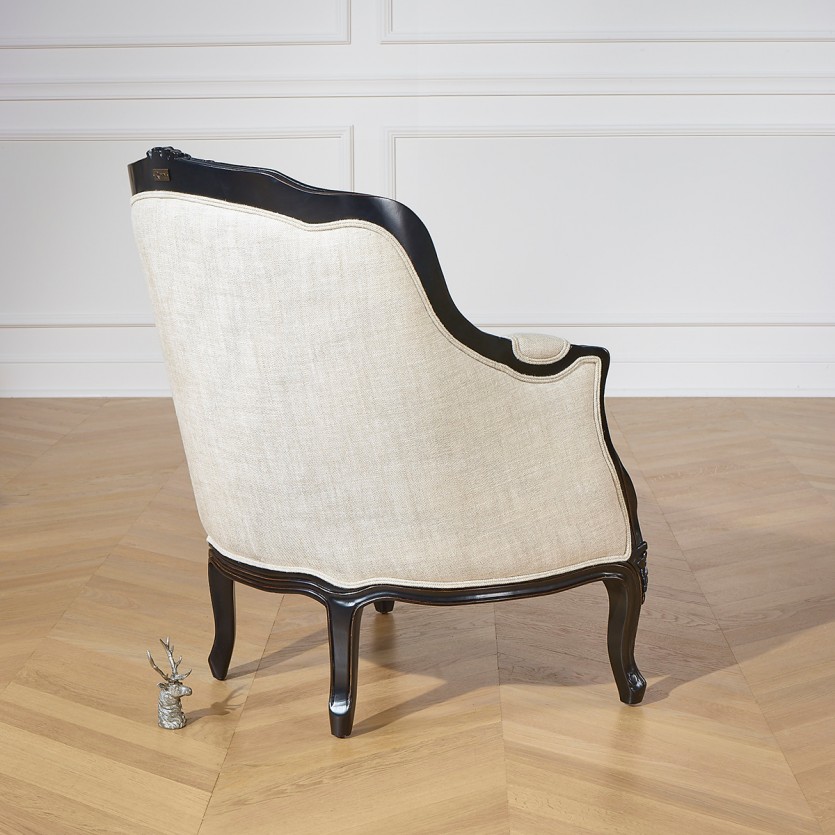 Fauteuil bergère VICTOR NIGHT -  Style shabby chic en bois, couleur noire et tissu lin premium, 1 place