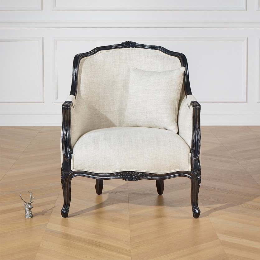 Fauteuil bergère VICTOR NIGHT -  Style shabby chic en bois, couleur noire et tissu lin premium, 1 place