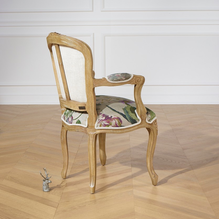 Fauteuil cabriolet LOUVRE COUNTRY – Style romantique en bois massif et tissu lin, 1 place