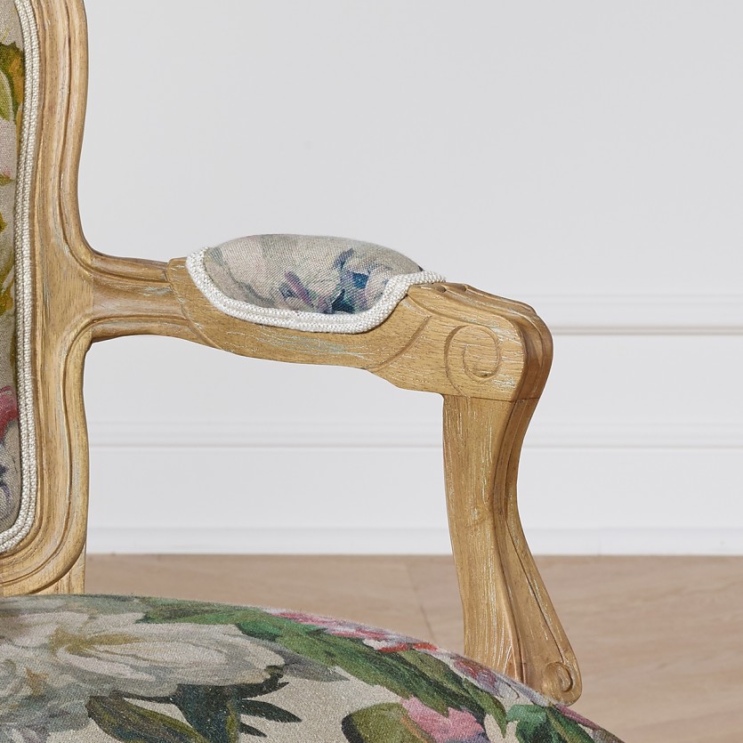 Fauteuil cabriolet LOUVRE COUNTRY – Style romantique en bois massif et tissu lin, 1 place