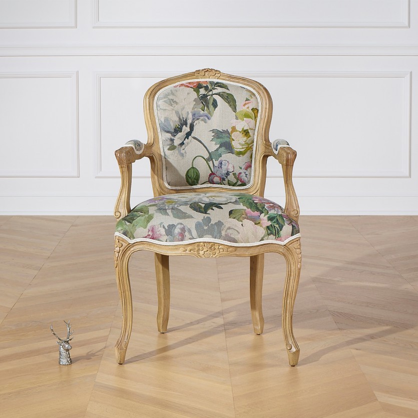 Sillón cabriolet LOUVRE COUNTRY – Estilo romántico en madera maciza y tela de lino, 1 plaza