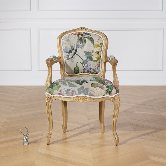 Poltrona cabriolet LOUVRE COUNTRY – Stile romantico in legno massiccio e tessuto di lino, 1 posto