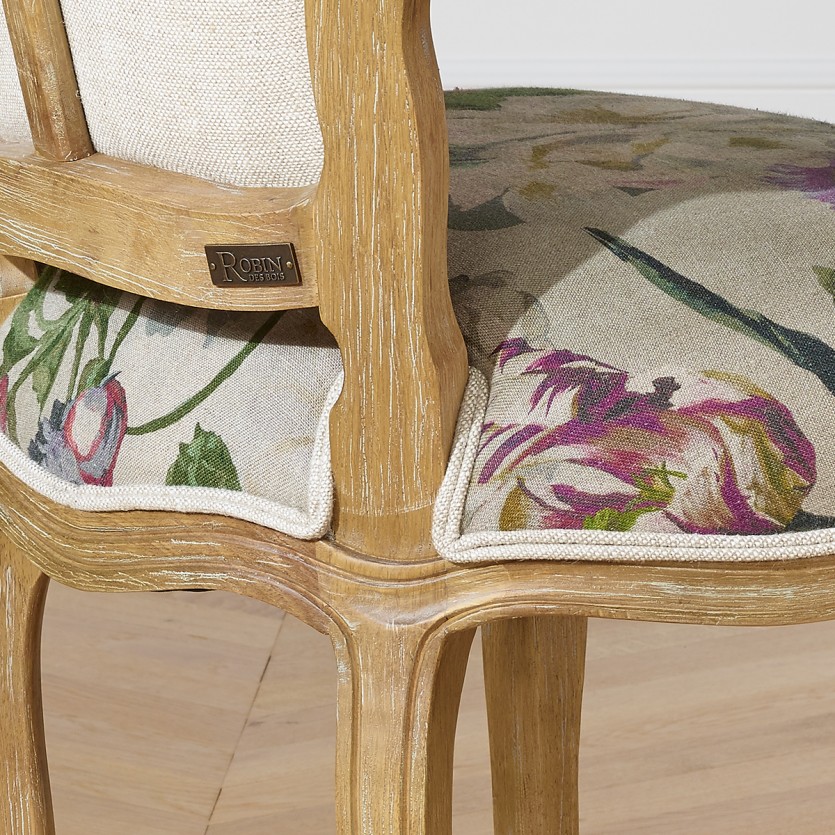 Fauteuil cabriolet LOUVRE COUNTRY – Style romantique en bois massif et tissu lin, 1 place