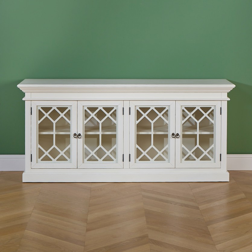 STELLA - Buffet vitrine style romantique en bois peint, 4 portes, 2 étagères