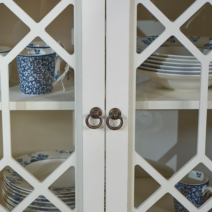 STELLA - Buffet vitrine style romantique en bois peint, 4 portes, 2 étagères