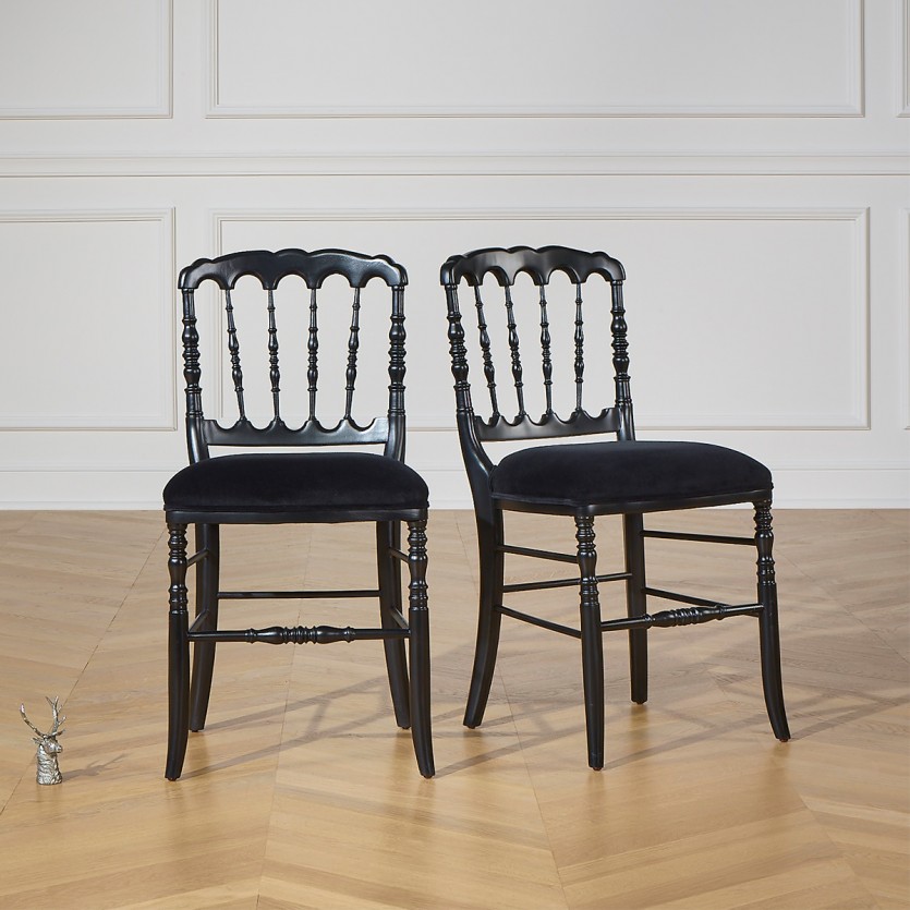 NAPOLEON III - Lot de 2 chaises baroques noires style romantique en bois massif