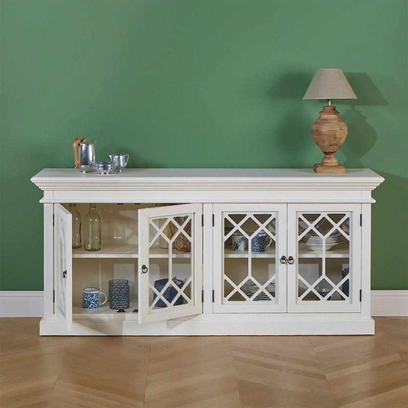 STELLA - Buffet vitrine style romantique en bois peint, 4 portes, 2 étagères