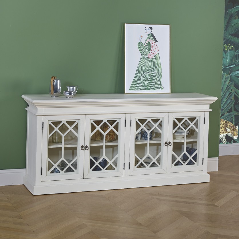 STELLA - Buffet vitrine style romantique en bois peint, 4 portes, 2 étagères