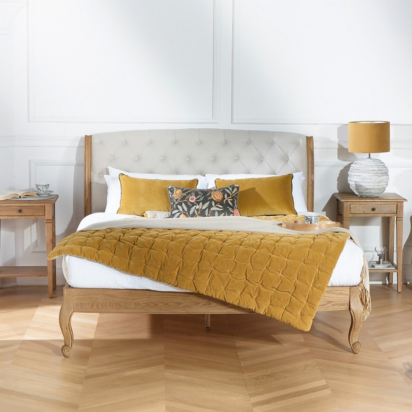 Cama doble RICHARD - Estilo romántico en roble y lino algodón 160 x 200