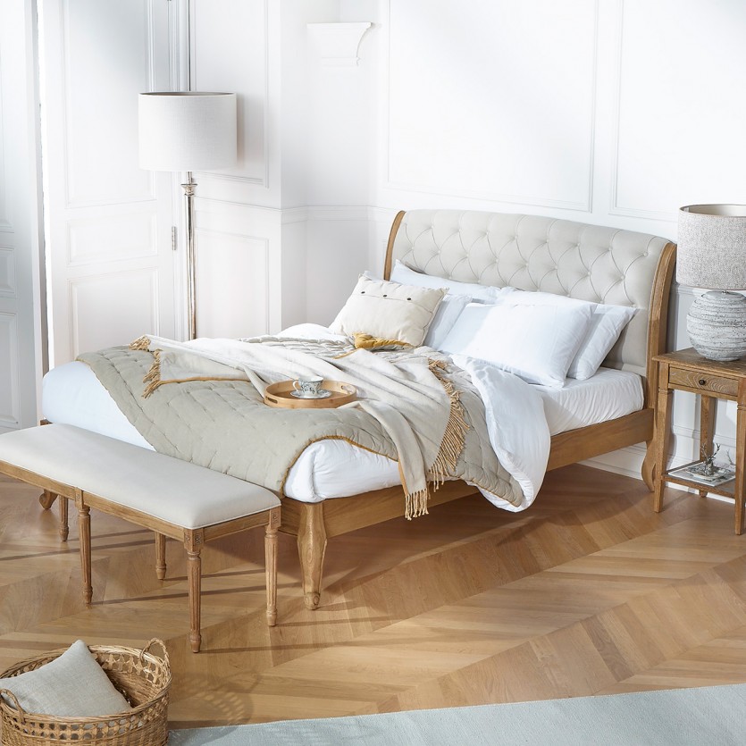 Doppelbett RICHARD - Romantischer Stil aus Eiche und Baumwollleinen 160 x 200