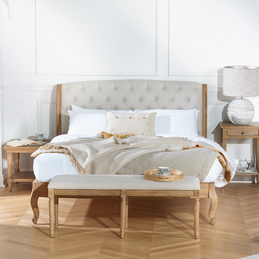Doppelbett RICHARD - Romantischer Stil aus Eiche und Baumwollleinen 160 x 200