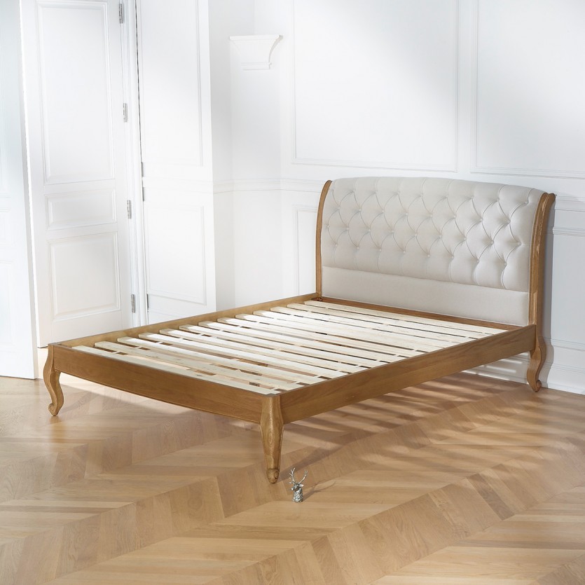 Cama doble RICHARD - Estilo romántico en roble y lino algodón 160 x 200