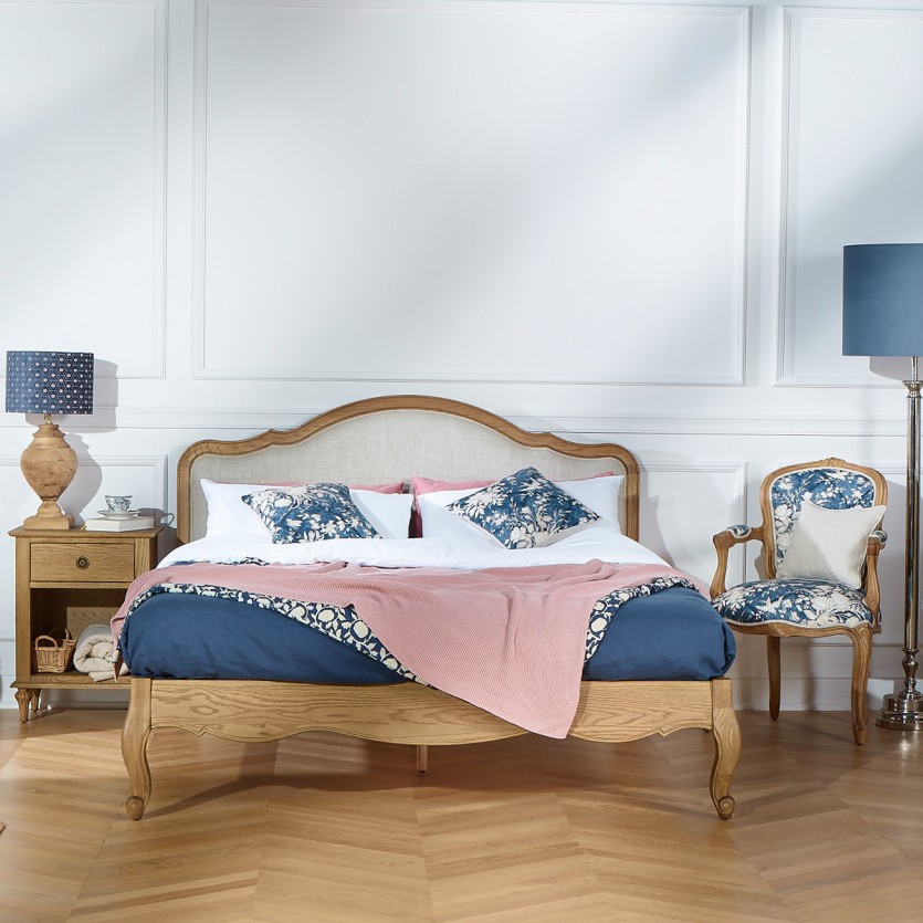 Doppelbett HENRY - Romantischer Stil in Eiche und Premium-Leinen 140 x 190