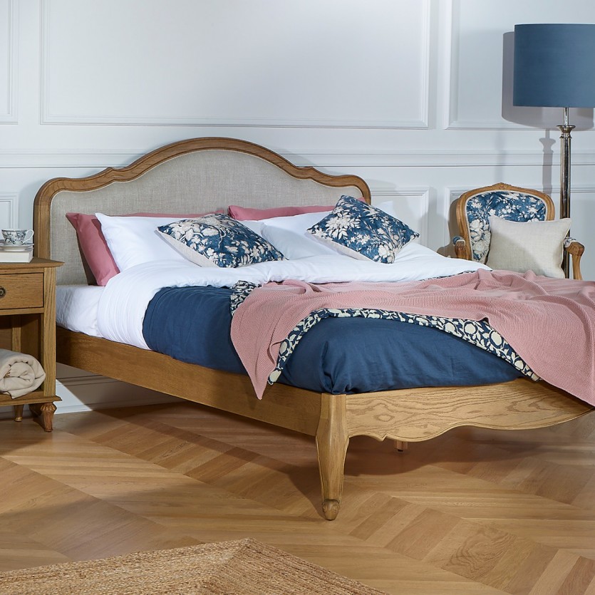 Lit double HENRY - Style romantique en chêne et lin premium 140 x 190