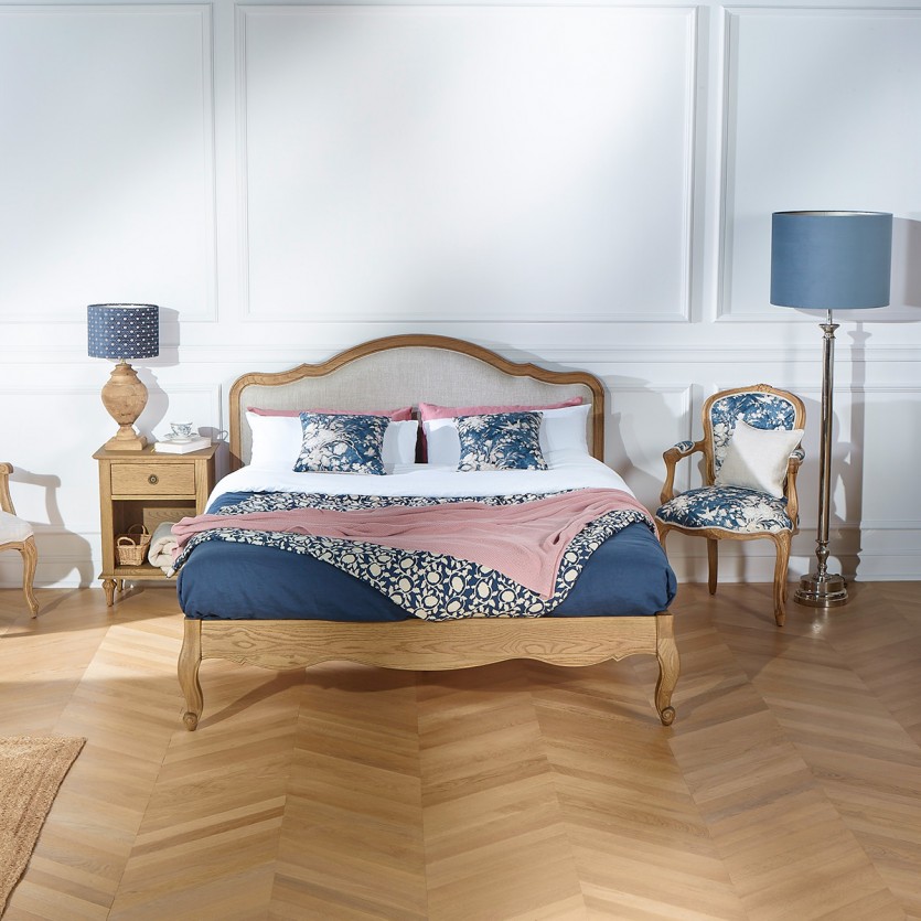 Doppelbett HENRY - Romantischer Stil in Eiche und Premium-Leinen 140 x 190
