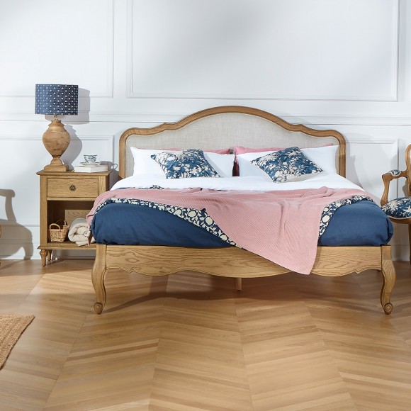 Cama de casal HENRY - Estilo romântico em carvalho e linho premium 140 x 190