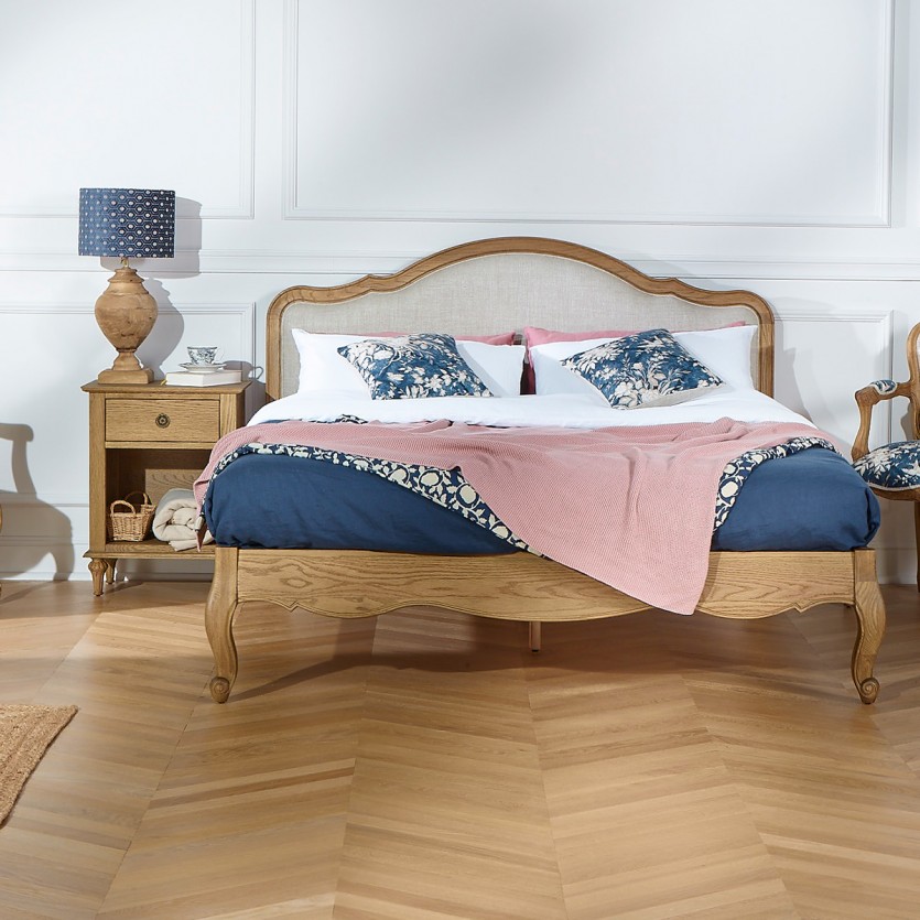 Lit deux places HENRY - Style romantique en chêne et lin premium 160 x 200