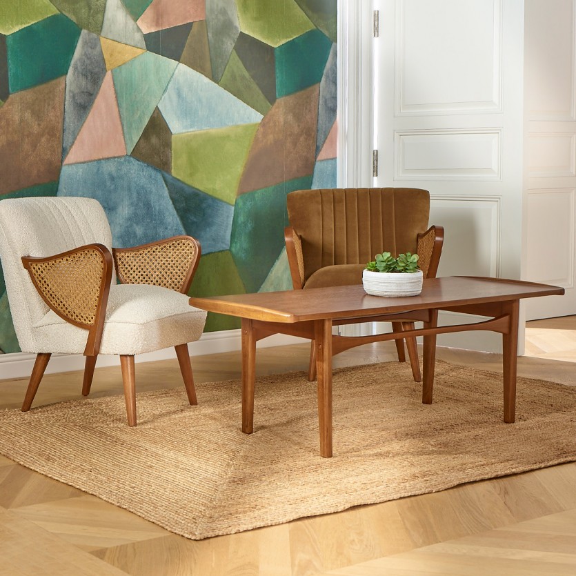 DALHIA – Table basse de salon style nordique, pieds en bois massif, teinte noyer