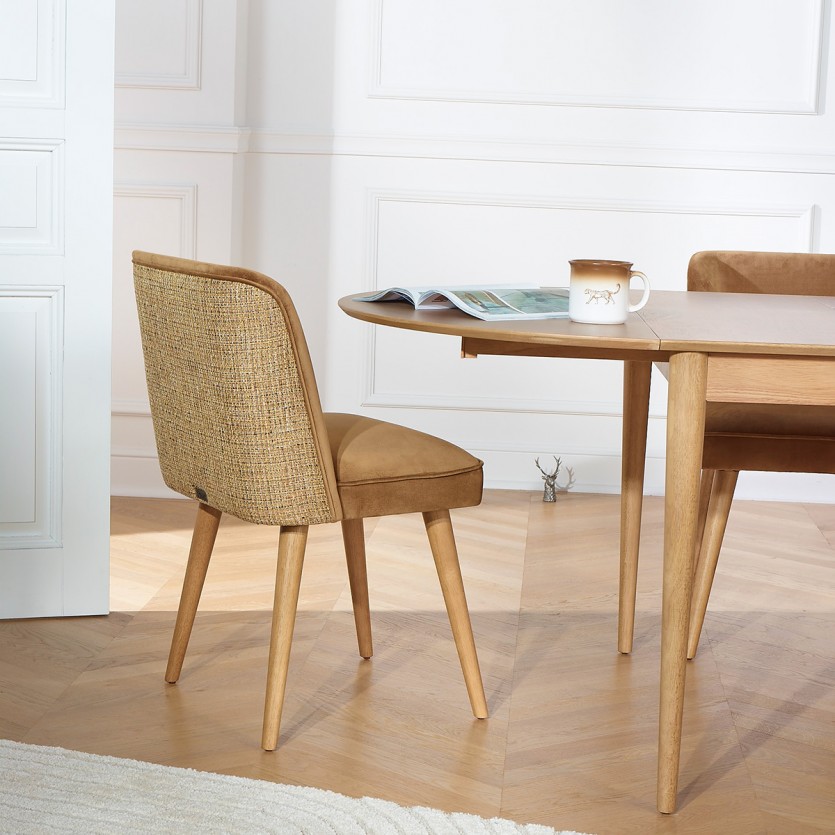 APOLLINE BRUXELLES - Lot de 2 chaises style nordique en bois, tissus velours et tweed